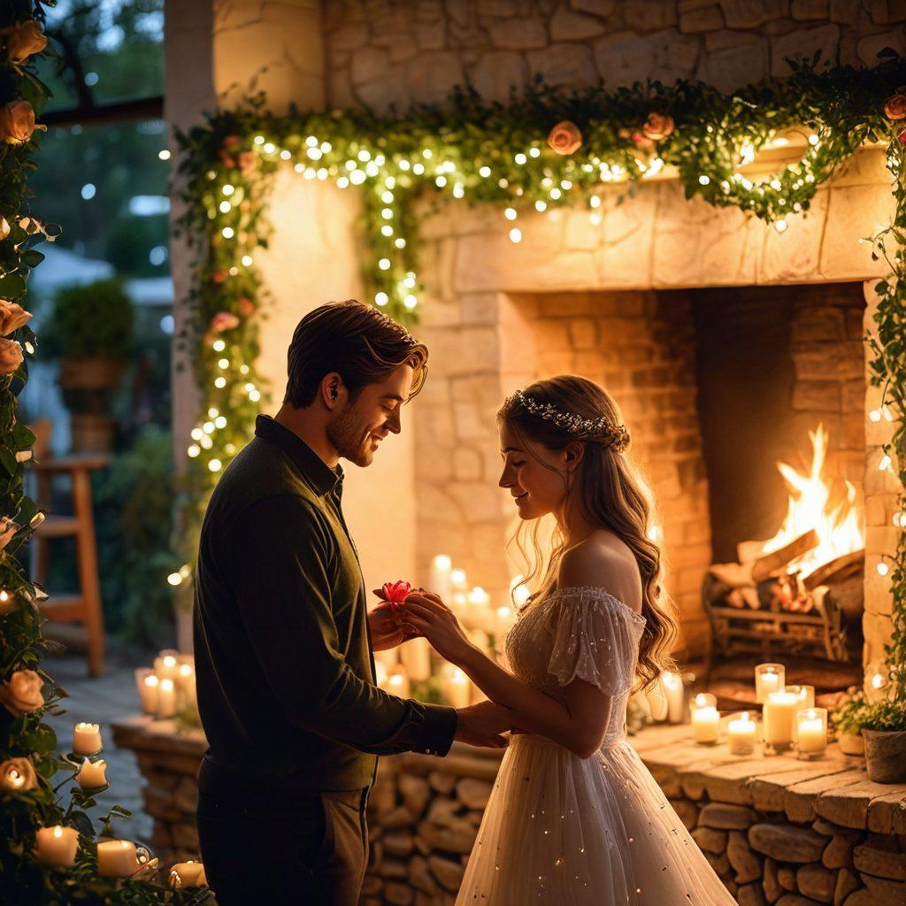 A warm, intimate setting featuring a couple holding hands, surrounded by soft candlelight and rose petals. In the background, a cozy fireplace enhances the romantic atmosphere with gentle flames flickering. The couple is gazing into each other's eyes, radiating affection and connection. Incorporate lush greenery and twinkling fairy lights for added charm. super-realistic. warm tones. soft focus.