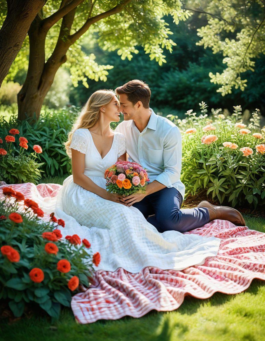 A romantic scene depicting a couple sharing a tender moment in a blooming garden, surrounded by vibrant flowers and soft sunlight filtering through the leaves. The couple is gazing into each other's eyes with warmth and affection, with gentle smiles and subtle gestures of love. In the background, a cozy picnic setup with a checkered blanket and a bouquet adds to the warmth of the scene. super-realistic. vibrant colors. soft focus.