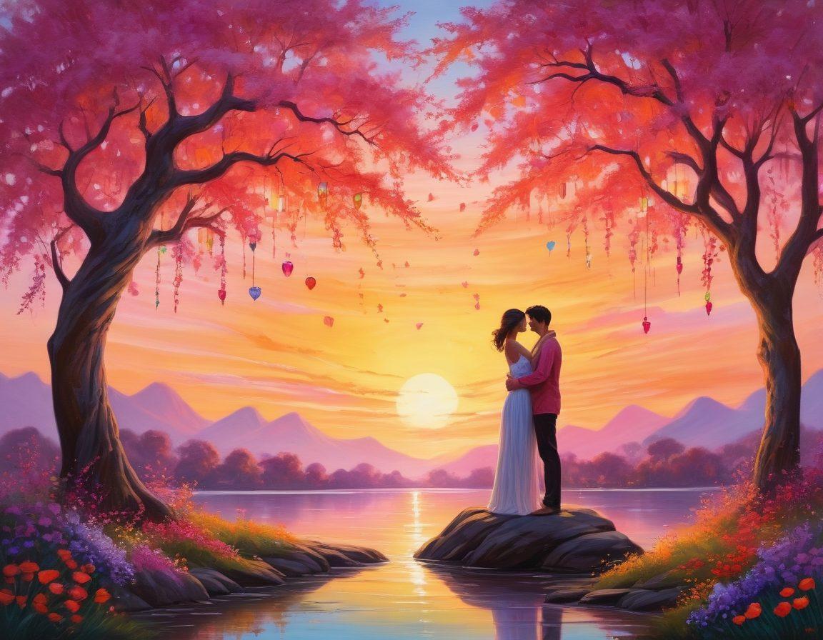 A picturesque scene of two intertwined trees with their branches forming a heart shape, symbolizing love and companionship. In the foreground, a couple sharing an intimate moment under the trees, surrounded by blooming flowers and glowing lanterns. A gentle sunset casts a warm glow over the landscape, embodying the transformation of passion into everlasting love. Whimsical atmosphere with a touch of magic. vibrant colors. romantic painting.